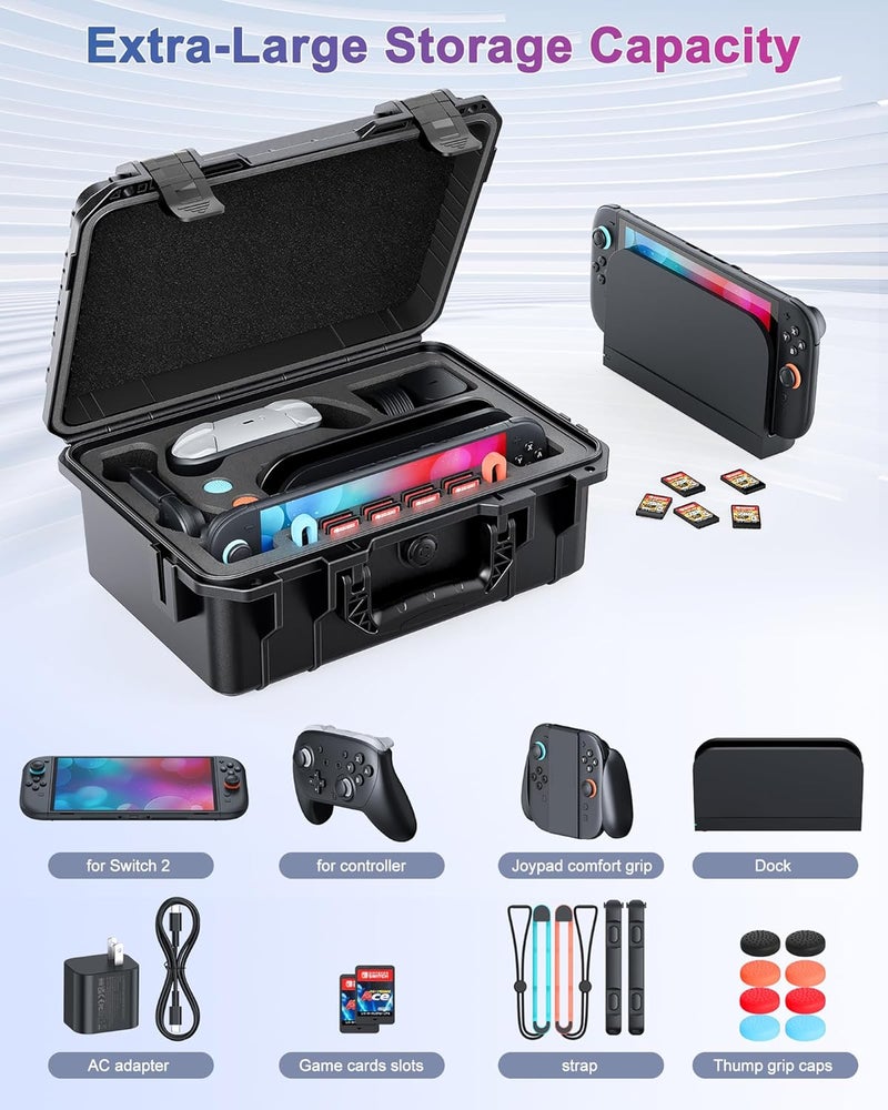 FYOUNG Upgrade Hard Carrying Case for Nintendo Switch 2/Switch 1 Console, Professional Deluxe IP67 Waterproof Bag, All in one Large Capacity Travel Case for Pro Controller&Accessories - Image 2